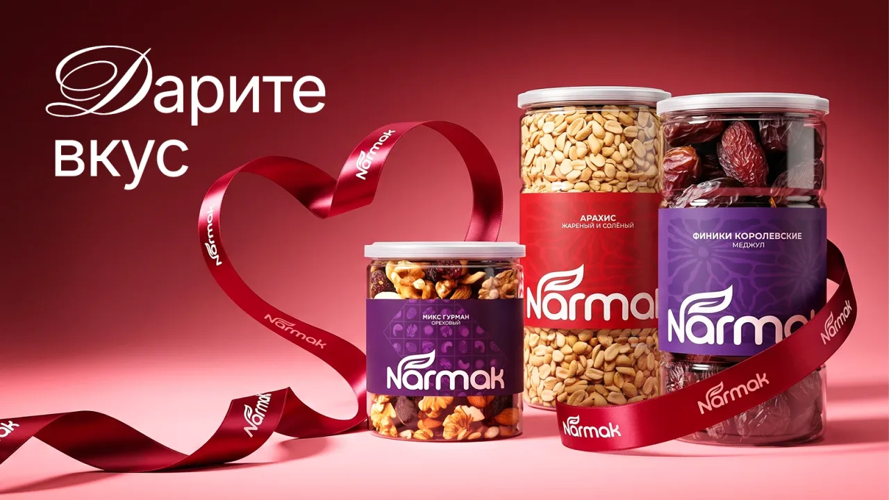 Три банки Narmak с орехами и сухофруктами и красная лента на розовом фоне